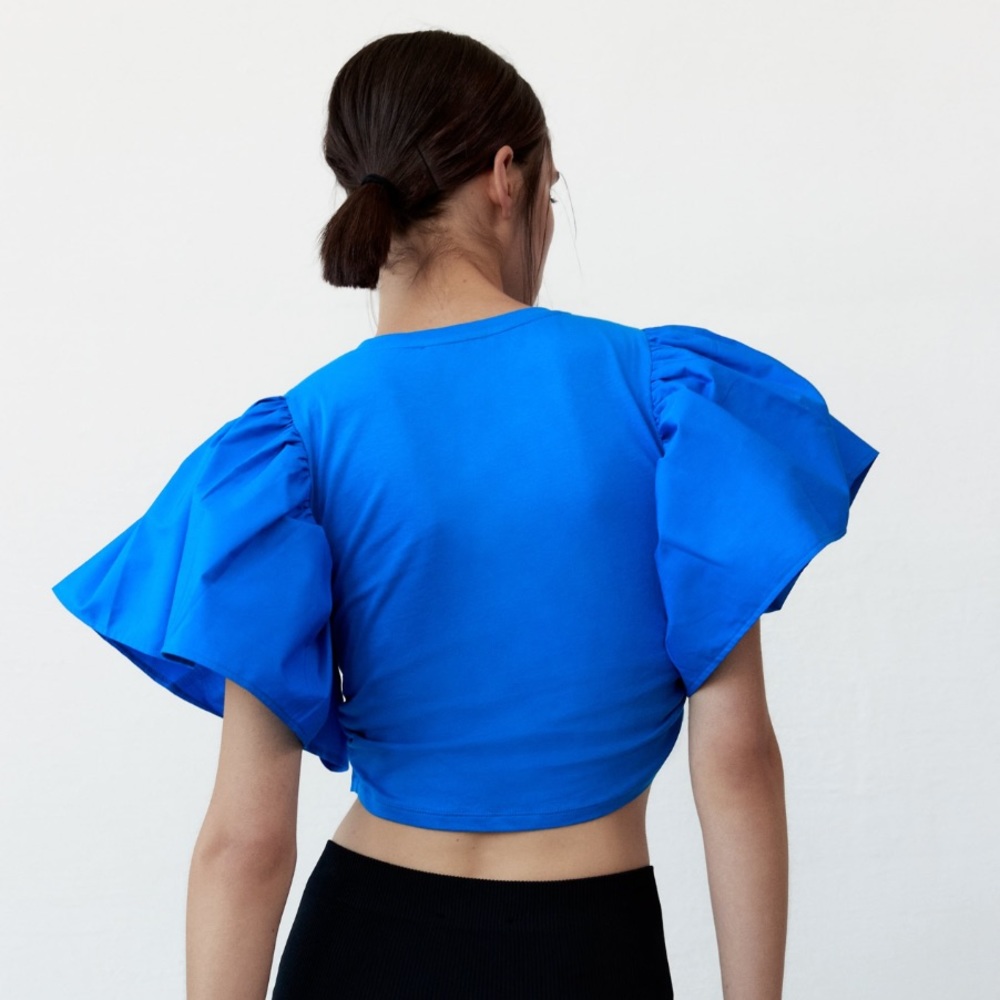 Zara Blue Ruffle Ruched Top Size M - Picture 4 of 8